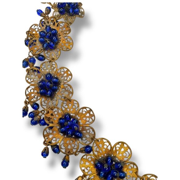 Vintage Miriam Haskell Filigree Floral Necklace Blue Glass Beads 1930s Pre-war - Picture 9 of 16
